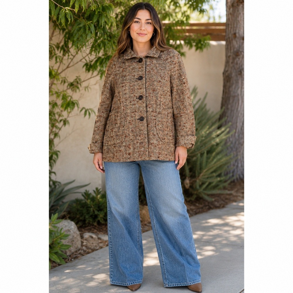 J. Jill Tweed Swing Jacket Womens M Brown Multi Button Front Lined Pockets